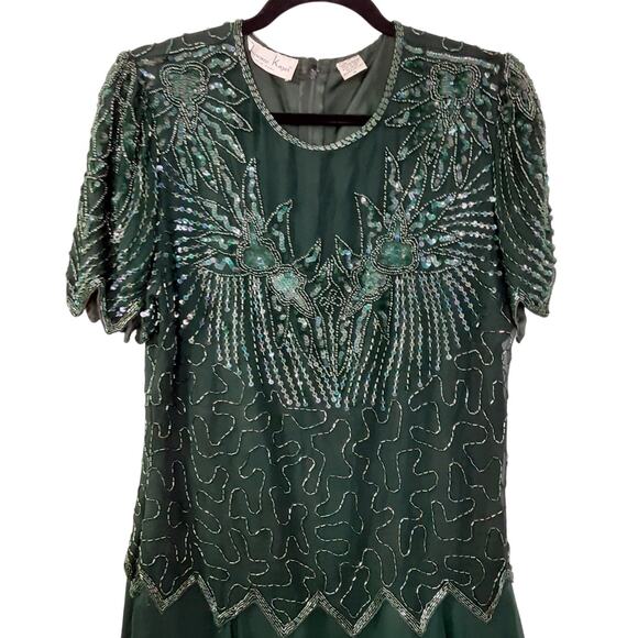Vintage Laurence Kazar NY Beaded Gown 100% Silk Dress Drop Waist Green M 1920s - Picture 3 of 11